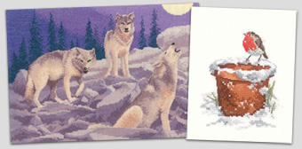 Cross stitch wolves and robin