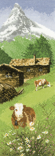An Alpine Meadow scene in counted cross stitch