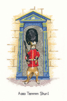 A cross stitch meerkat soldier on guard, by Peter Underhill