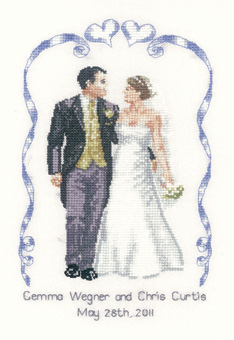 A cross stitch wedding sampler by Peter Underhill